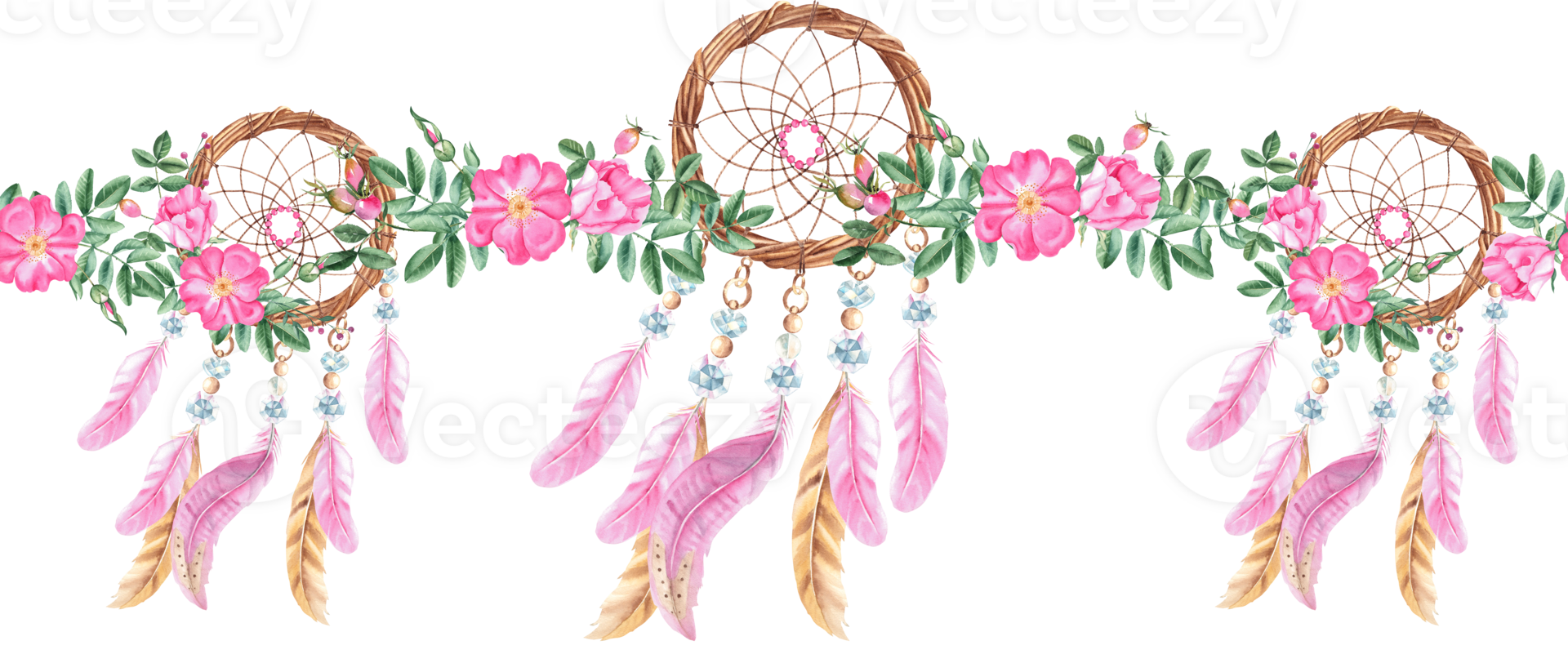 Dream catchers horizontal watercolor seamless border pattern. Hand drawn realistic illustration. Can be used for fabric, textile. Bohemian decoration with beads, crystals, dog rose flowers png