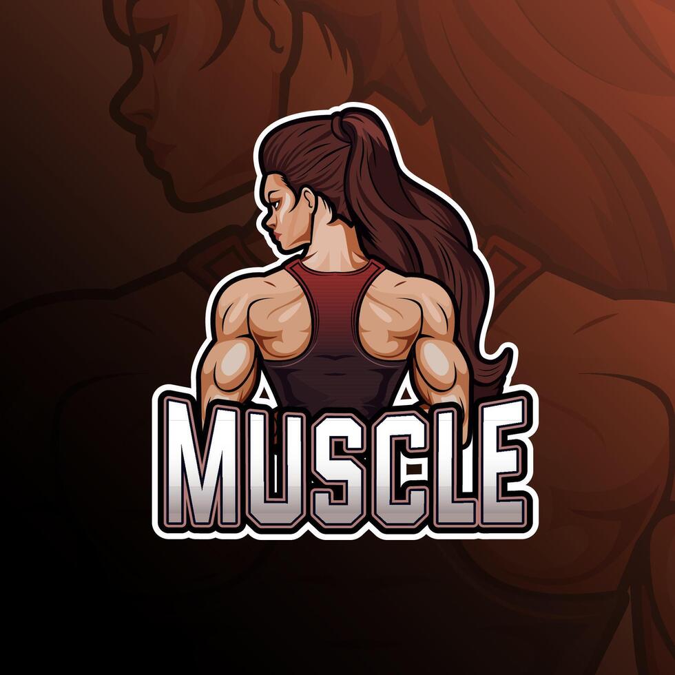 Fitness woman doing back lat spread pose mascot logo design for badge, emblem, esport and t-shirt printing vector