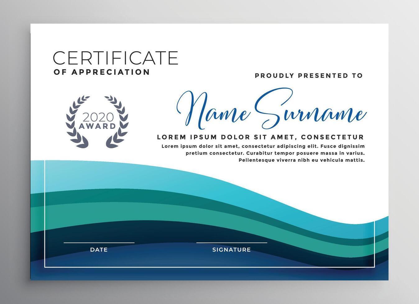 elegante azul ola certificado de apreciación modelo vector