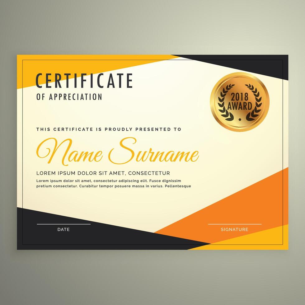 certificate design template with clean modern orange and black shapes vector