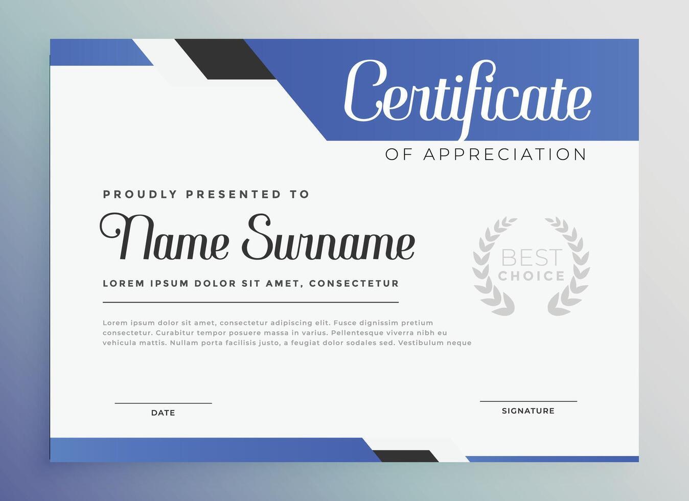 professional blue certificate of appreciation template vector
