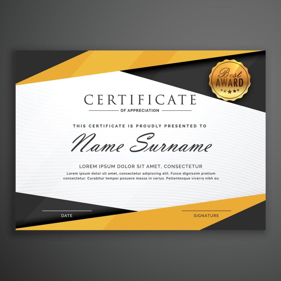 amarillo y negro geométrico certificado premio diseño modelo vector