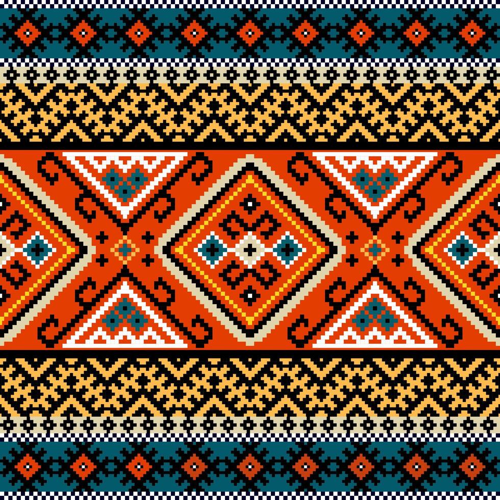 Geometric Ethnic Patterns. Native American tribal fabric, Pixel Horizontal Seamless , illustration design. vector