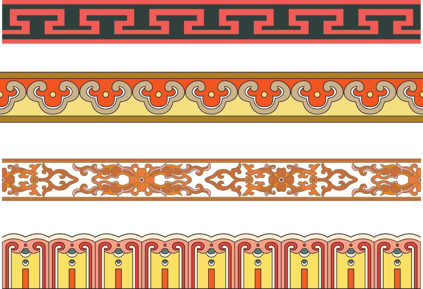 set of seamless endless colored Chinese ornaments. Frames, borders, enclosures, drawing of the east. vector