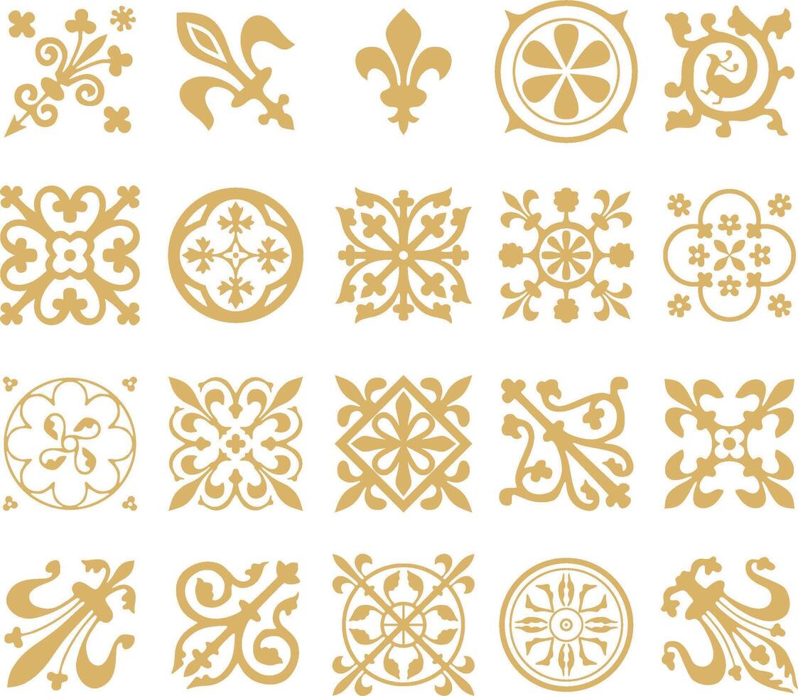 golden set of ancient Roman ornament elements. Classic European parts of patterns. Lilies and crowns. vector