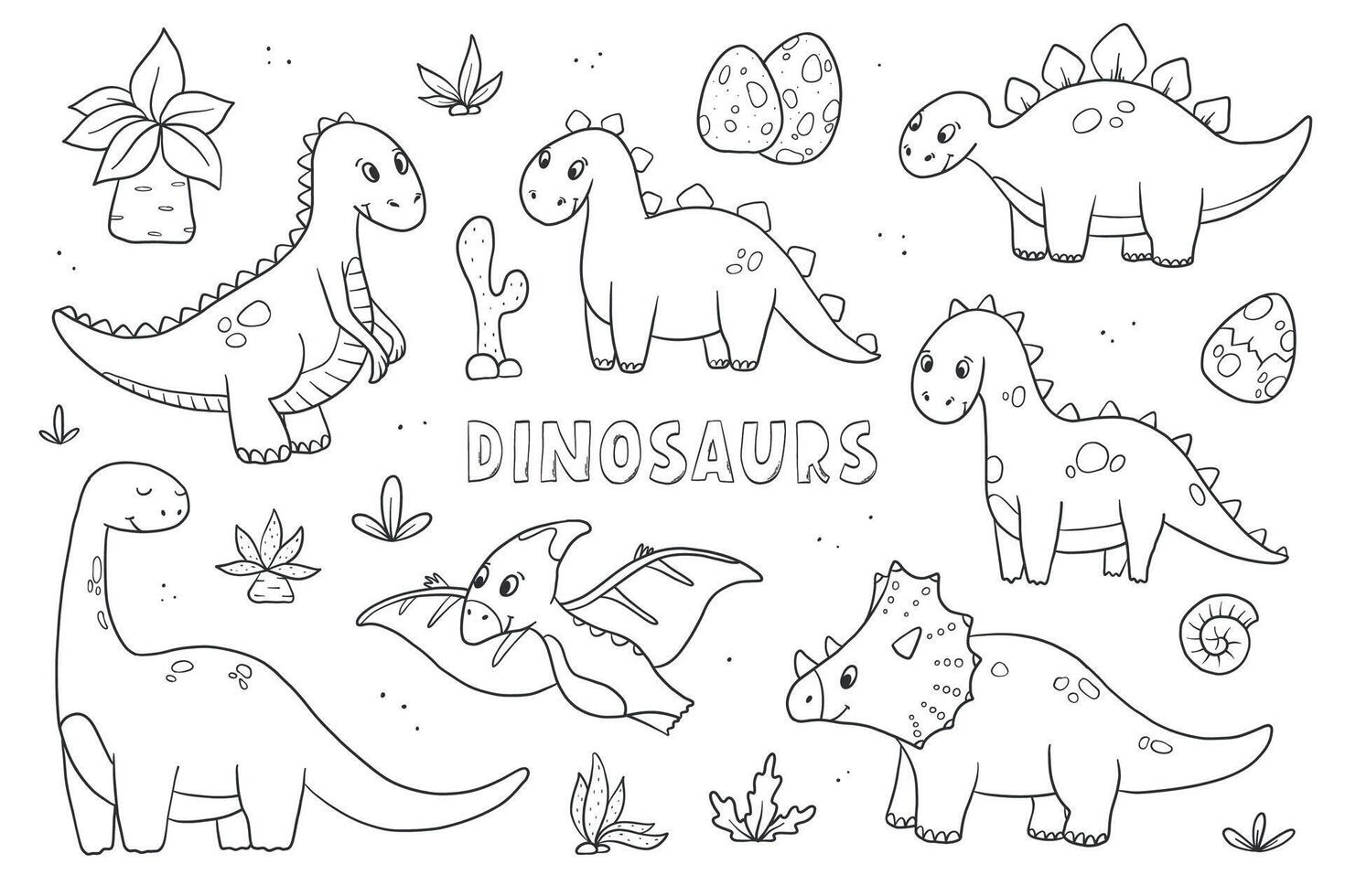 dinosaurios garabatos colocar, mano dibujado dibujos animados elementos para colorante libros, huellas dactilares, tarjetas, pancartas, pegatinas, vestir decoración, etc. eps 10 vector