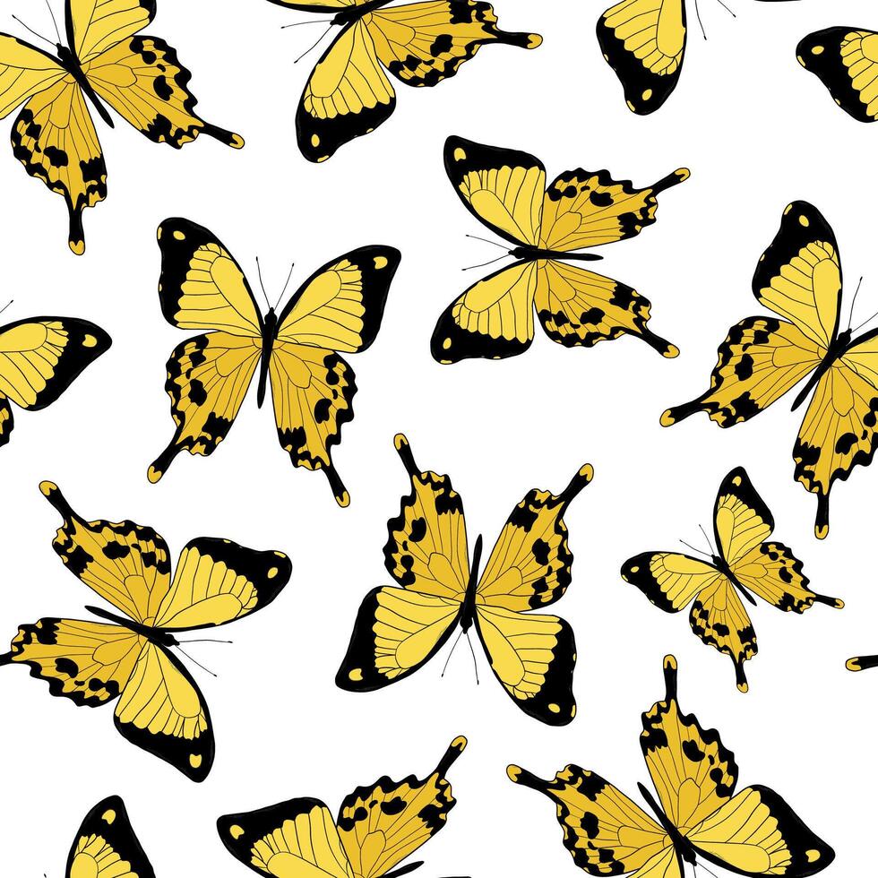 Yellow butterflies seamless pattern with hand drawn machaon butterflies on white background for wallpaper, textile prints, wrapping paper, packaging, stationary, etc. EPS 10 vector