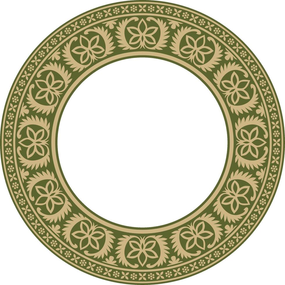 redondo oro y verde indio nacional ornamento. étnico planta círculo, borde. marco, flor anillo. amapolas y hojas vector