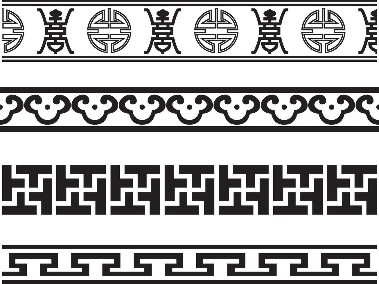 monochrome seamless set of Chinese folk ornaments. Asian peoples frames and borders vector