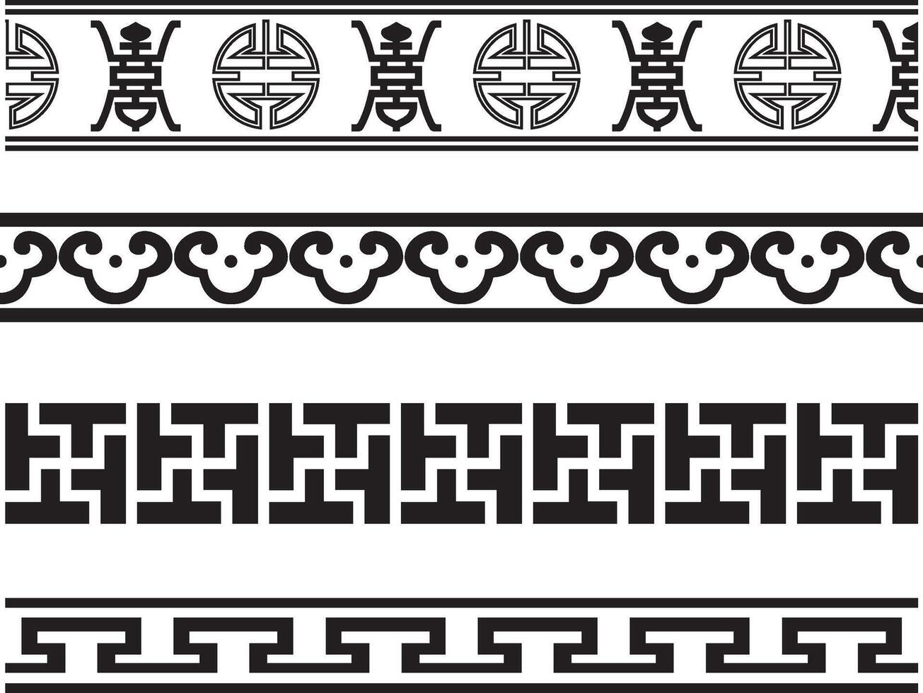 monochrome seamless set of Chinese folk ornaments. Asian peoples frames and borders vector