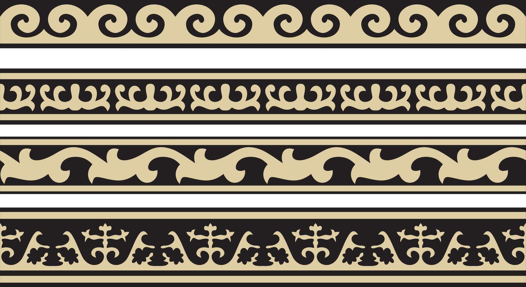 set of golden and black seamless Kazakh national ornament. Ethnic endless pattern of the peoples of the Great Steppe, Mongols, Kyrgyz, Kalmyks, Buryats. circle, frame border. vector