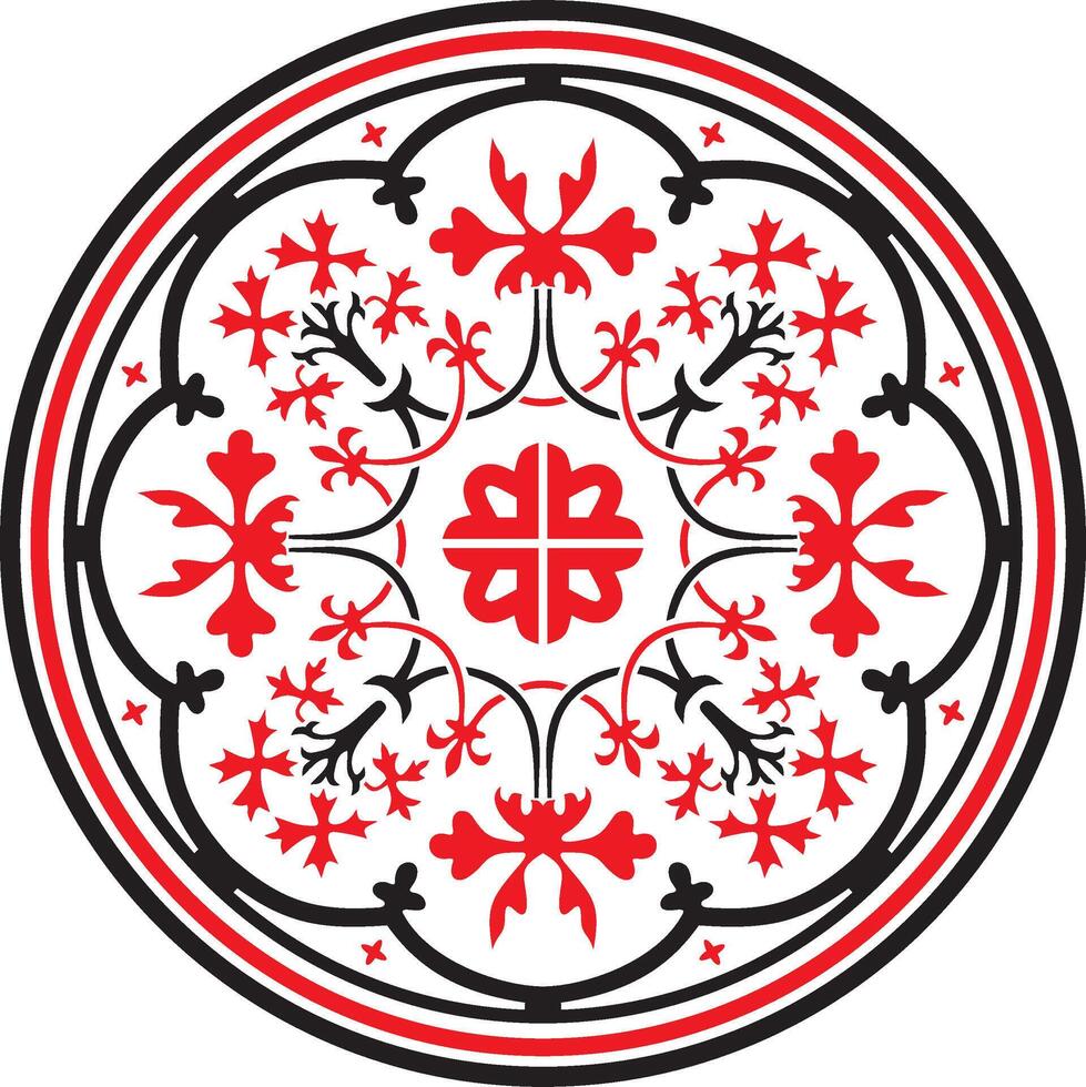 round classic European ornament, red with black. Floral pattern in a circle. Antiquity of ancient greece and the roman empire vector