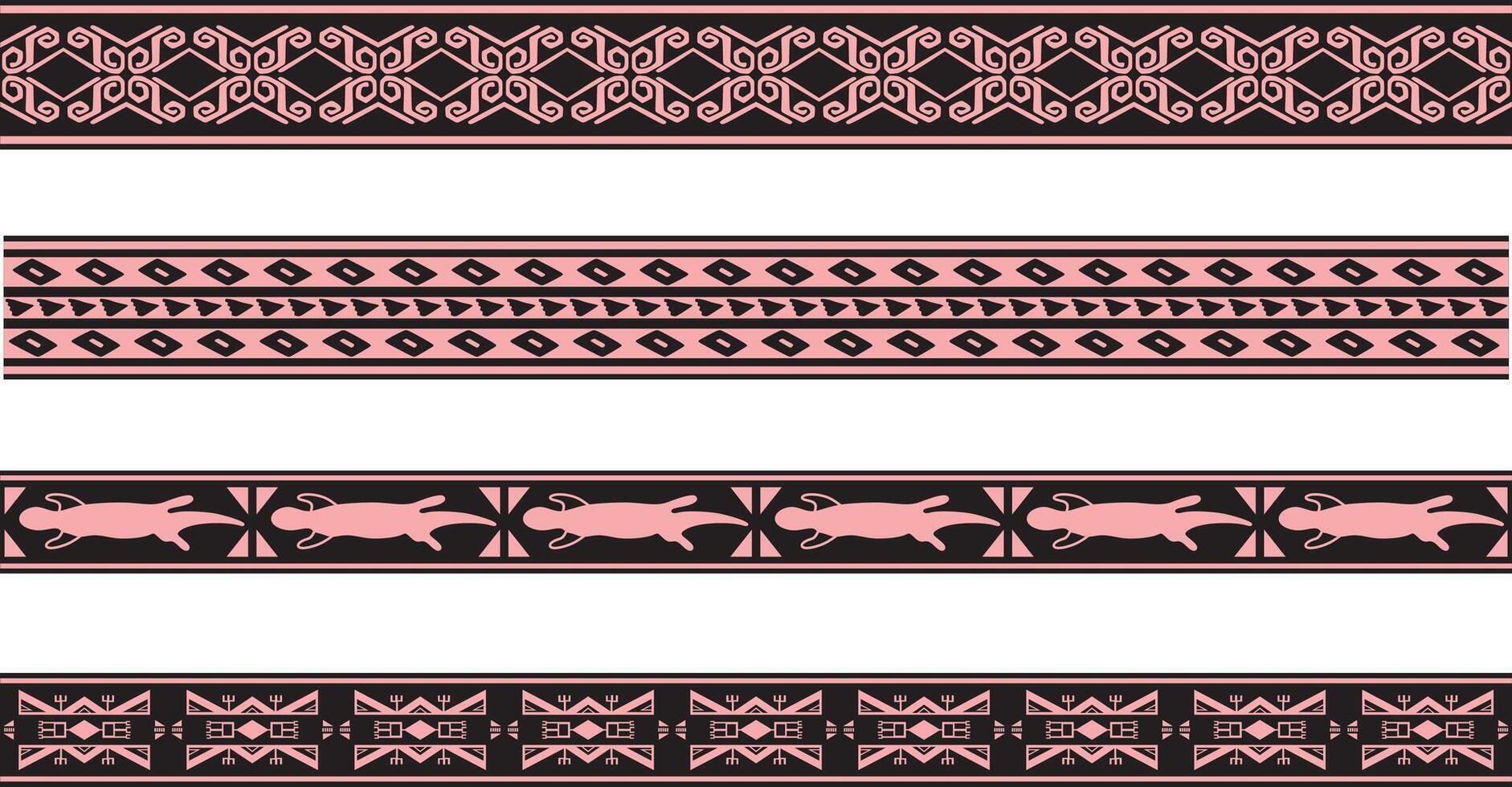 set of pink and black Native American ornamental seamless borders. Framework of the peoples of America, Aztecs, Maya, Incas vector