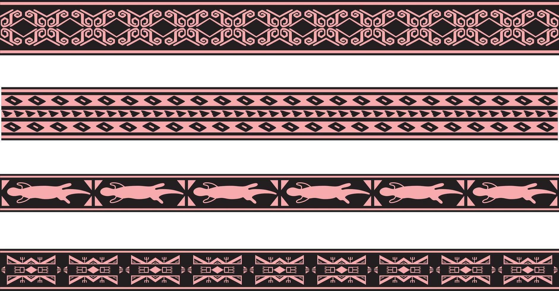 set of pink and black Native American ornamental seamless borders. Framework of the peoples of America, Aztecs, Maya, Incas vector