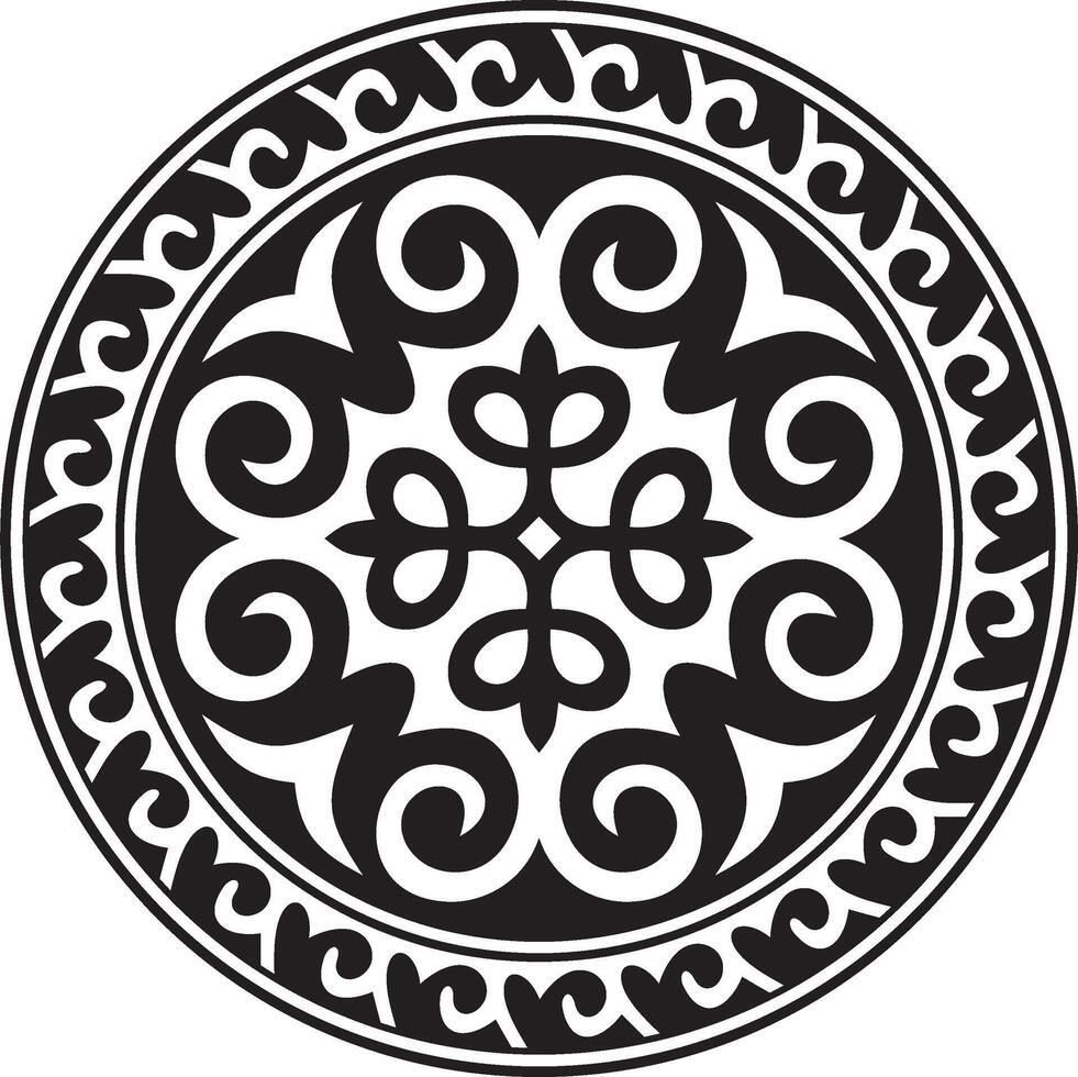 negro monocromo redondo kazakh nacional ornamento. étnico modelo de el pueblos de el genial estepa, .mongoles, kirguís, kalmyks, entierros. círculo, marco frontera vector