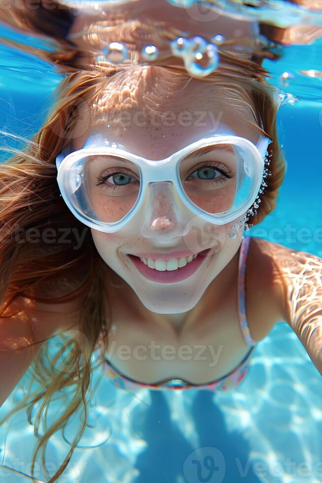 Crystal clear blue sea dive youthful woman explores the depths in an underwater adventure photo