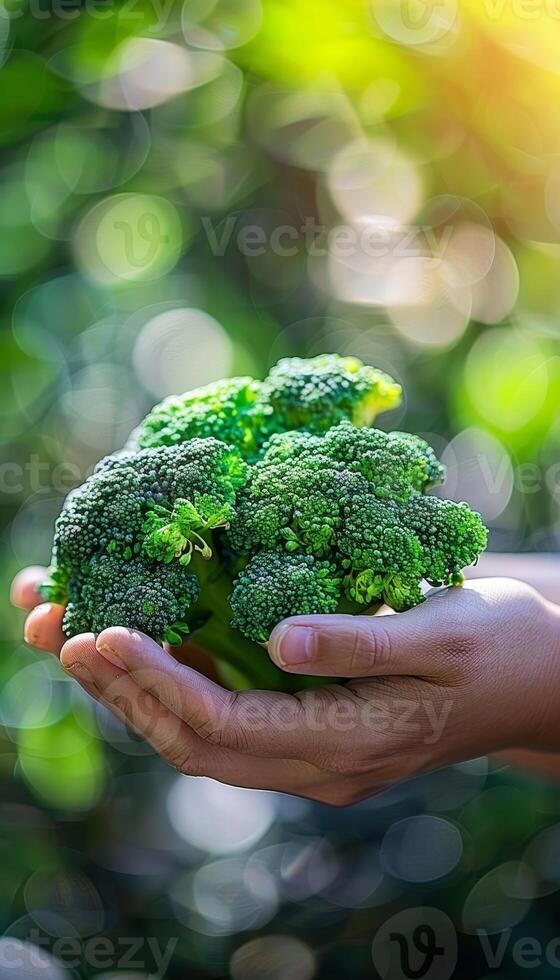 Hand holding broccoli floret with selection on blurred background, copy space available photo