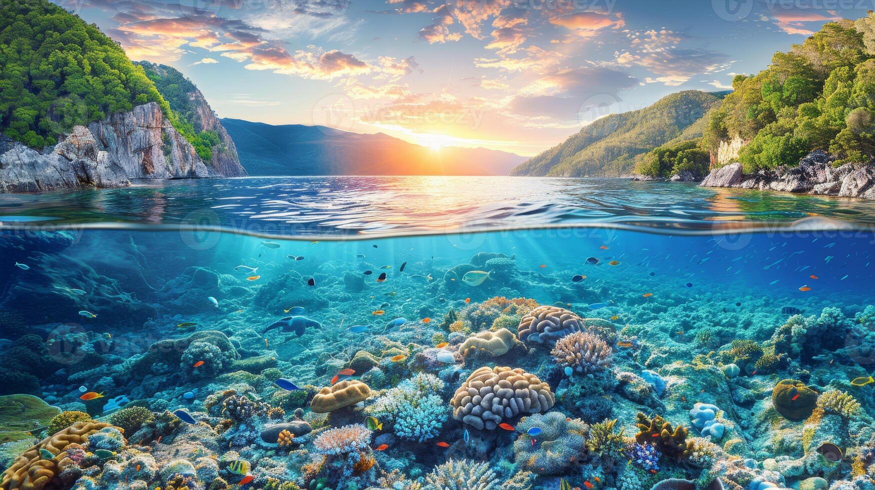 Split view of great barrier reef marine ecosystem at sunset in queensland, australia photo