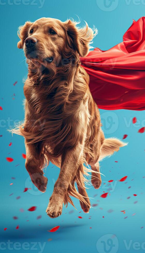 Adorable puppy in superhero costume playfully flying against vibrant blue background photo