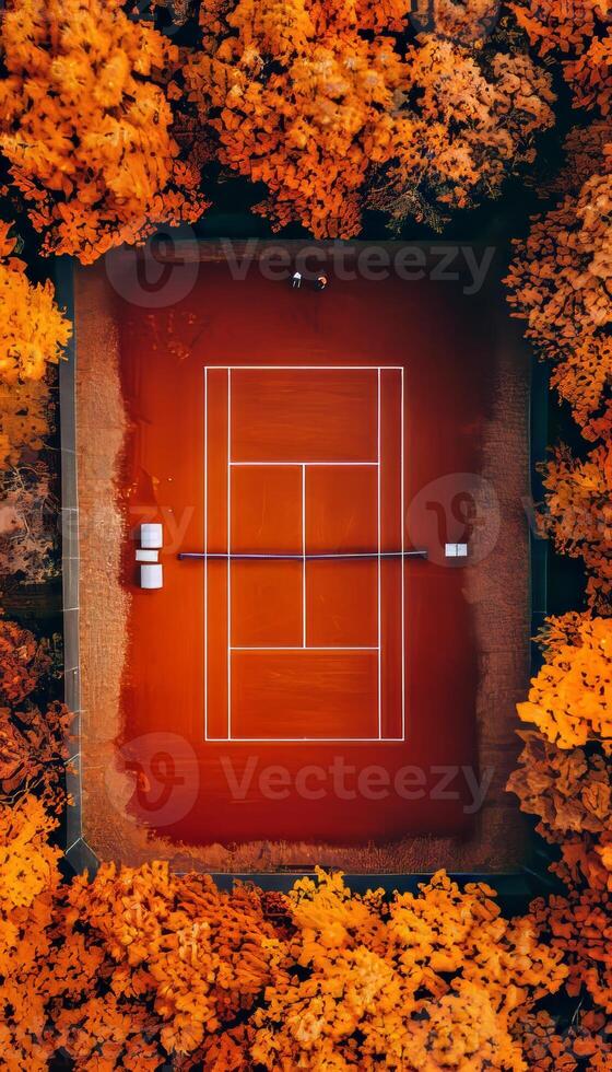 Contemporary aerial view of a sleek and minimalist tennis court taken by a drone photo