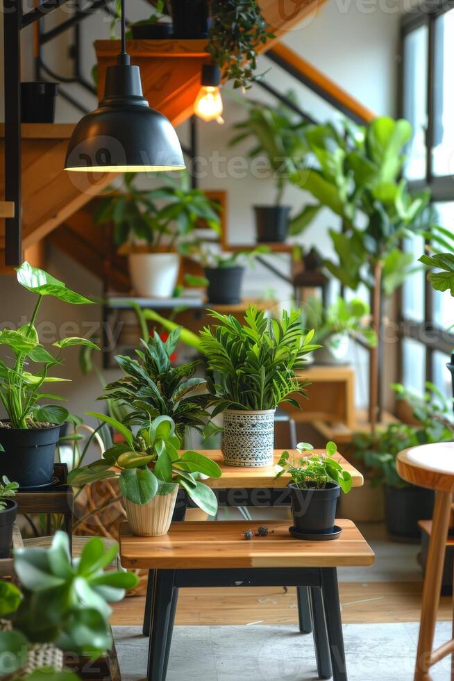 moderno casa de Campo vivo habitación con de madera escalera, natural madera elementos, y verde plantas foto