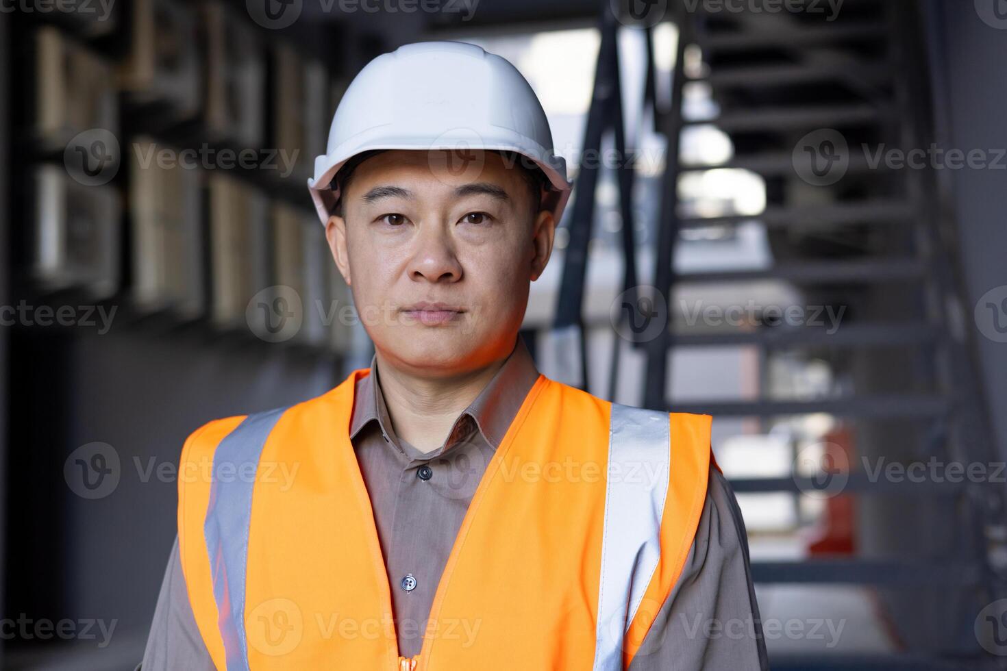 Confident Asian engineer in safety vest and hard hat standing in an industrial construction setting, portraying professionalism and expertise. photo