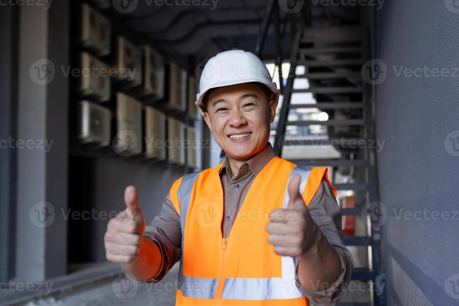 Confident construction worker in safety vest gives a thumbs up at a building site, signaling project success. photo