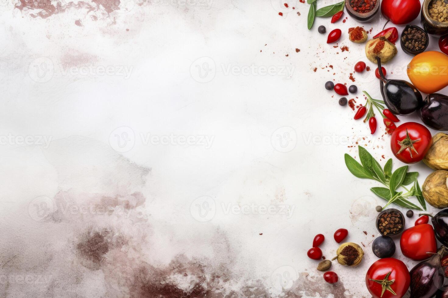 Top view of Mediterranean food ingredients neatly arranged on a pristine white background photo
