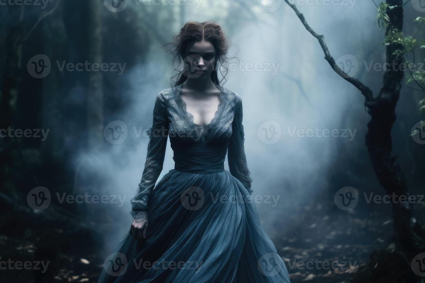 A terrifying spooky woman in a dark horror light. AI generativ photo