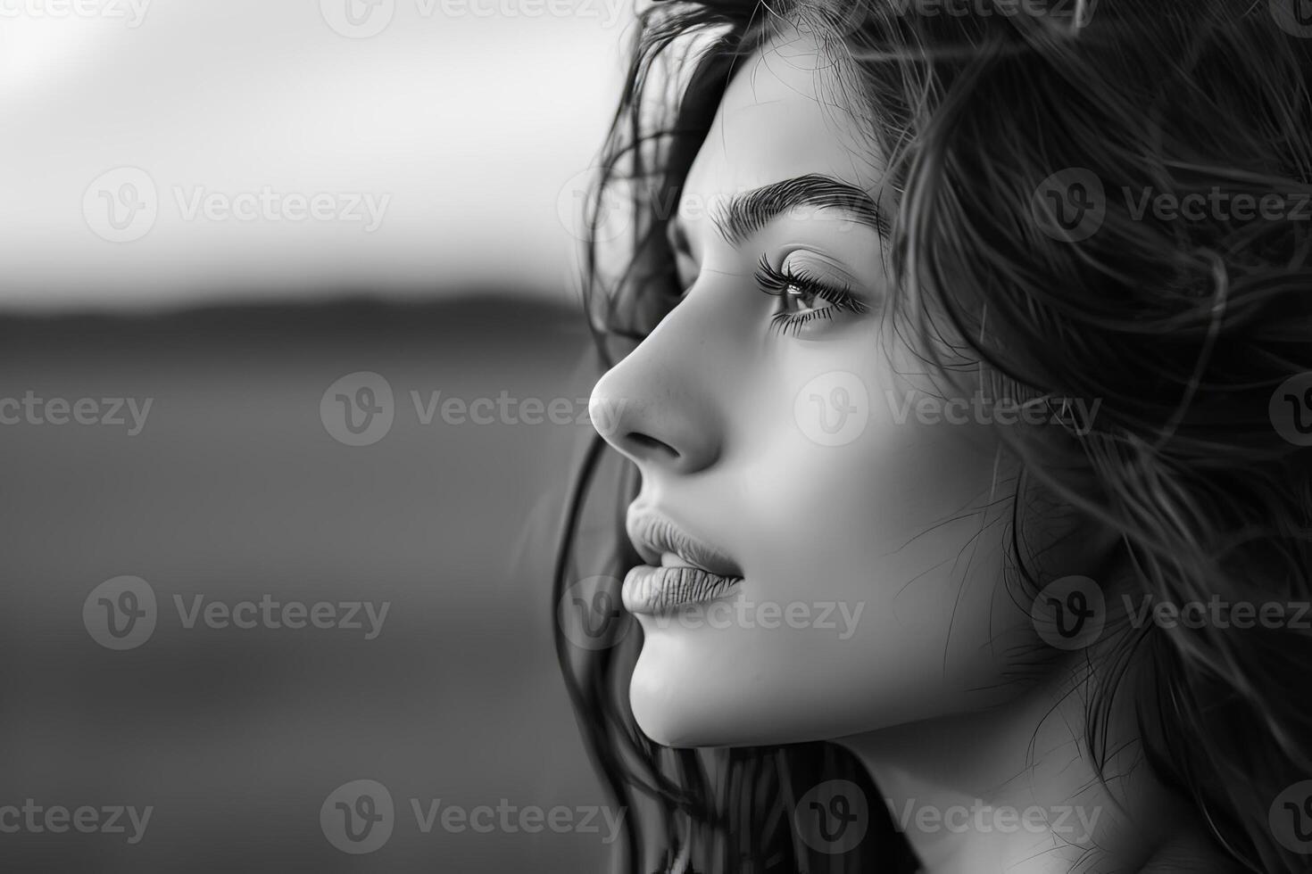 A stunning female portrait in black and white with deep shadows. AI generate photo