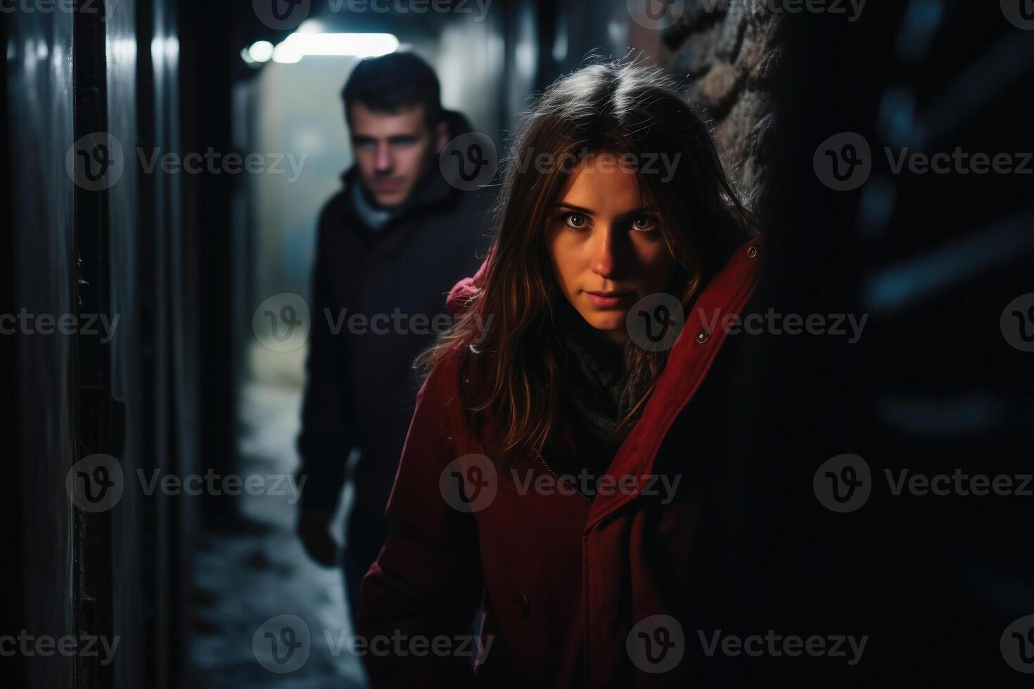 A woman hides in a dark alley from a man. AI generativ photo