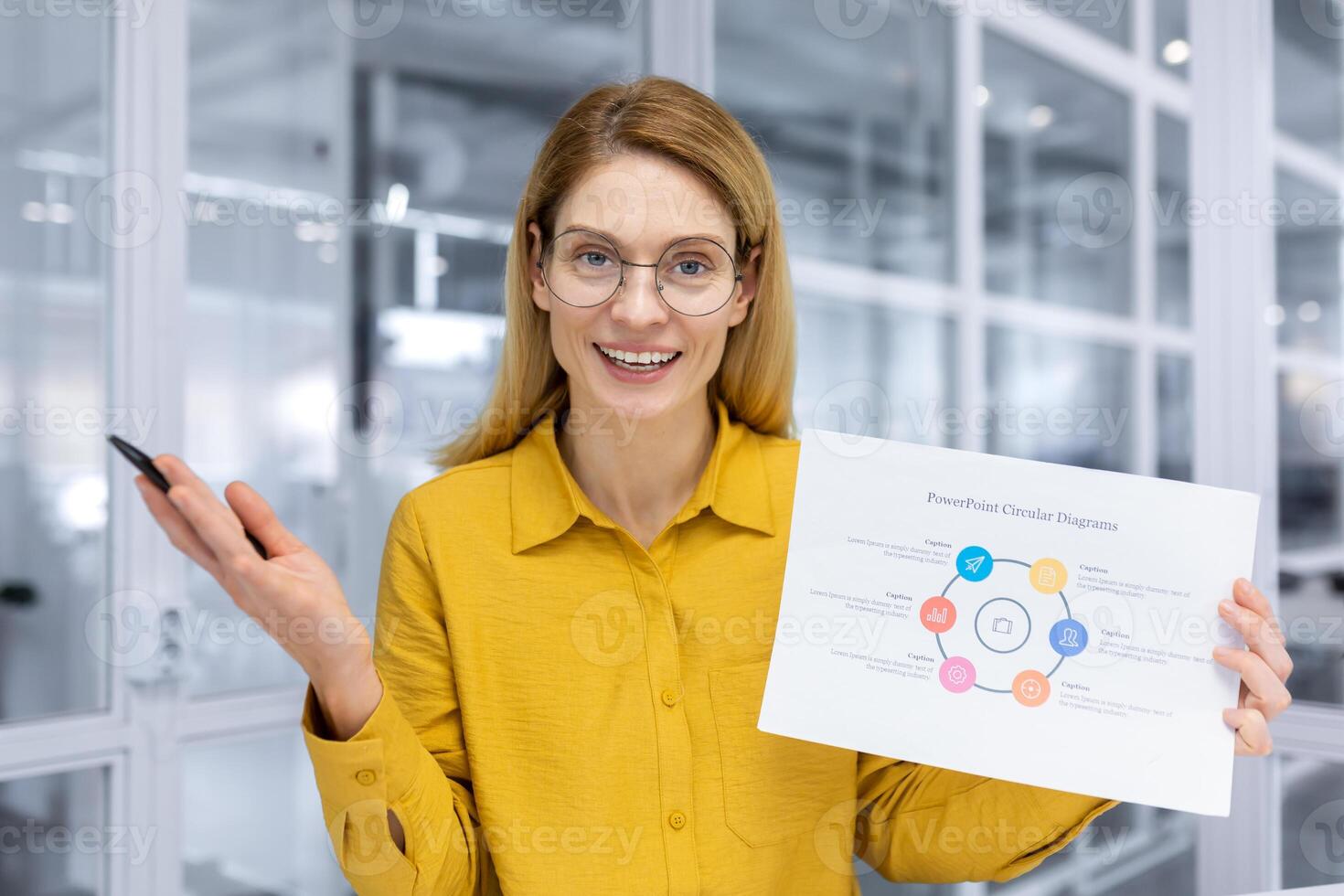 call online meeting business woman talking with colleagues remotely showing the camera graph report, female worker in glasses and yellow shirt smiling and satisfied with achievement results. photo