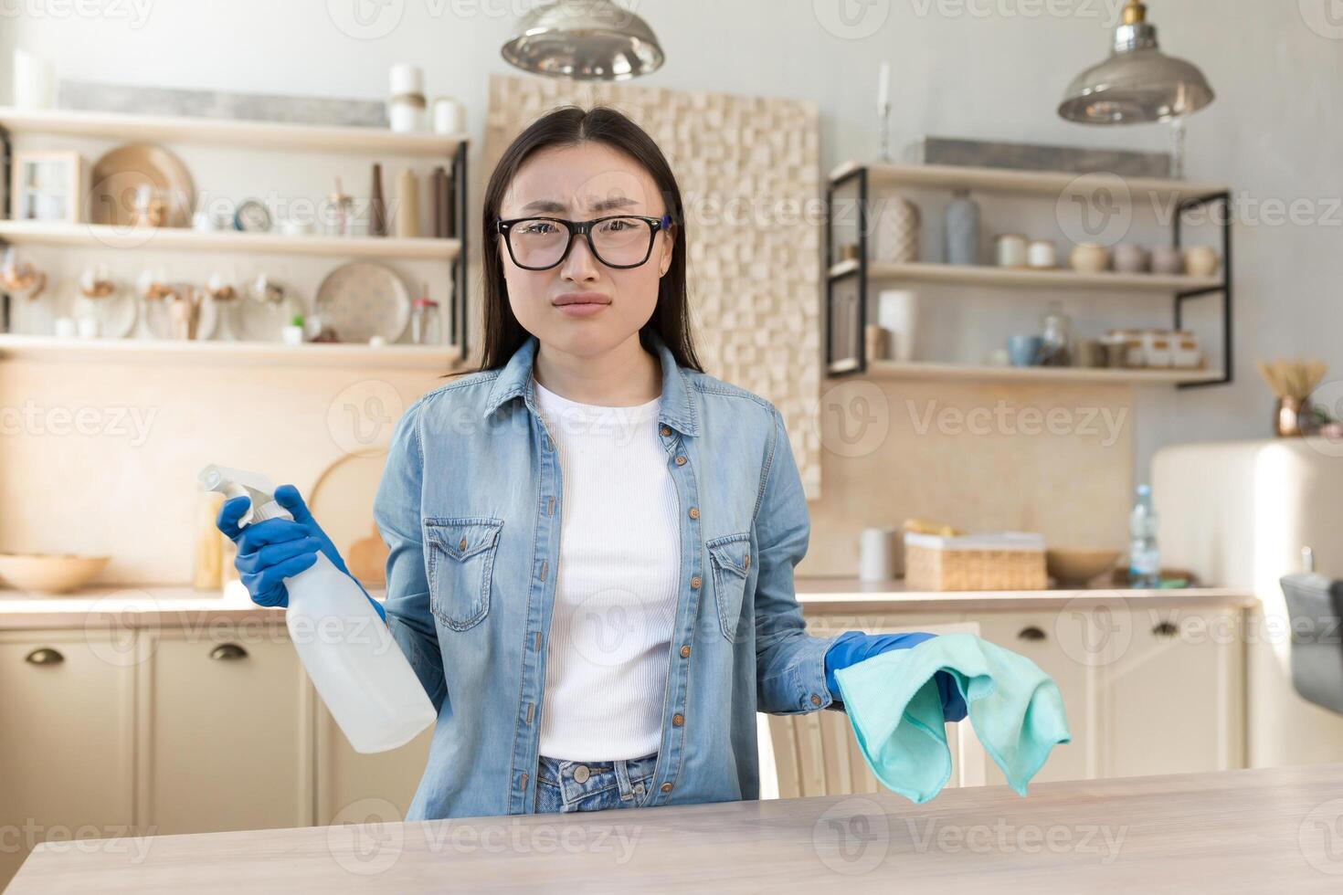 Portrait of dissatisfied young Asian woman, housewife in glasses looking at camera holding detergent and sponge photo