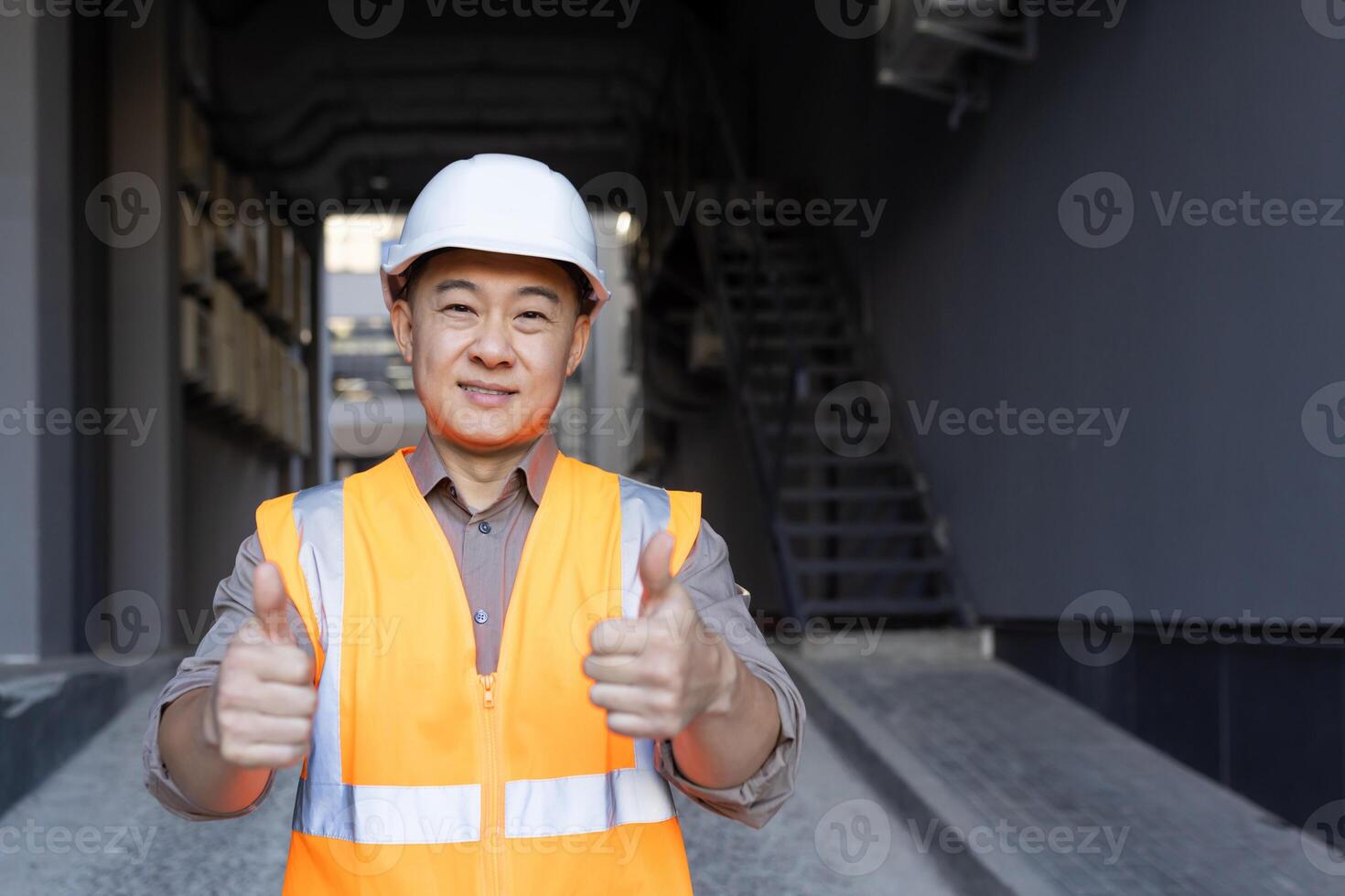 Portrait of a smiling young Asian male construction company worker standing outside in a hard hat and vest, smiling at the camera and showing the super sign with his fingers. photo