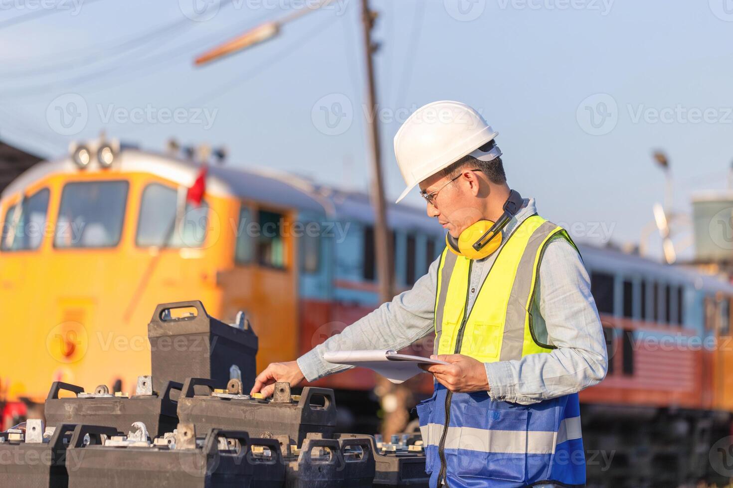 Engineer man in waistcoats and hardhats with documents inspecting construction site, Mechanical worker checking of the battery storage system photo