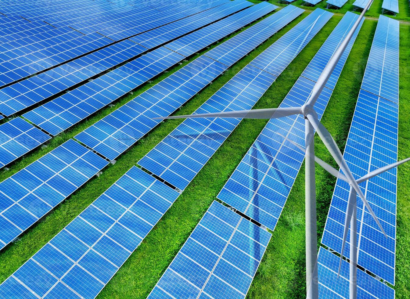 Sustainable energy. Solar and wind turbines farm. Sustainable resources. Solar, wind power. Renewable energy. Sustainable development. Photovoltaic panel. Green energy. Alternative electricity source. photo