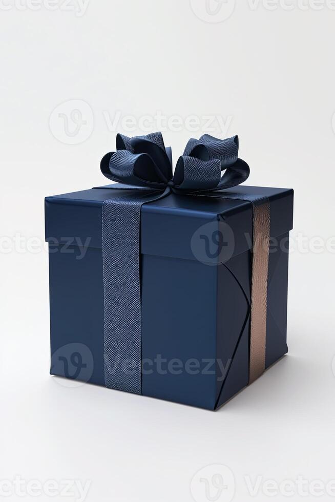 Navy gift box with ribbon on white background. Elegant present concept photo