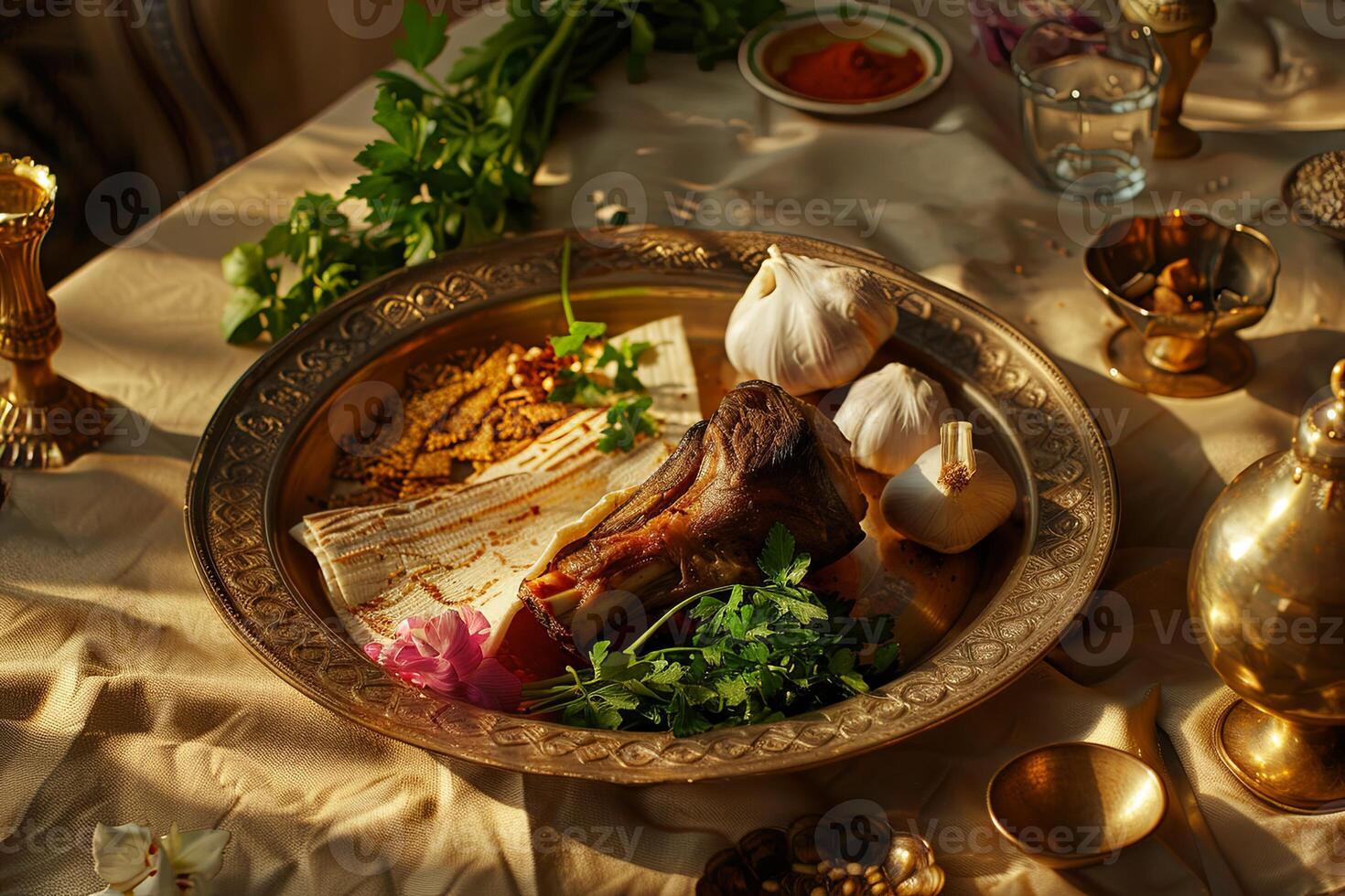 Passover Seder plate with traditional symbolic elements for Jewish ceremony photo