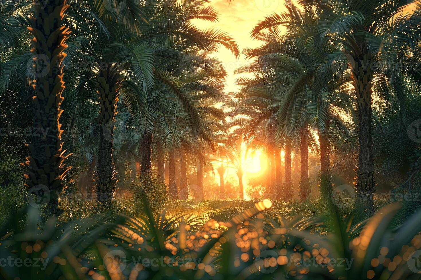 Expansive date palm forest under cinematic sunset, high-resolution realism photo