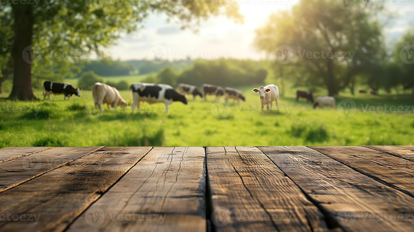 empty wooden table with a backdrop of several dairy cows grazing in lush green grass photo