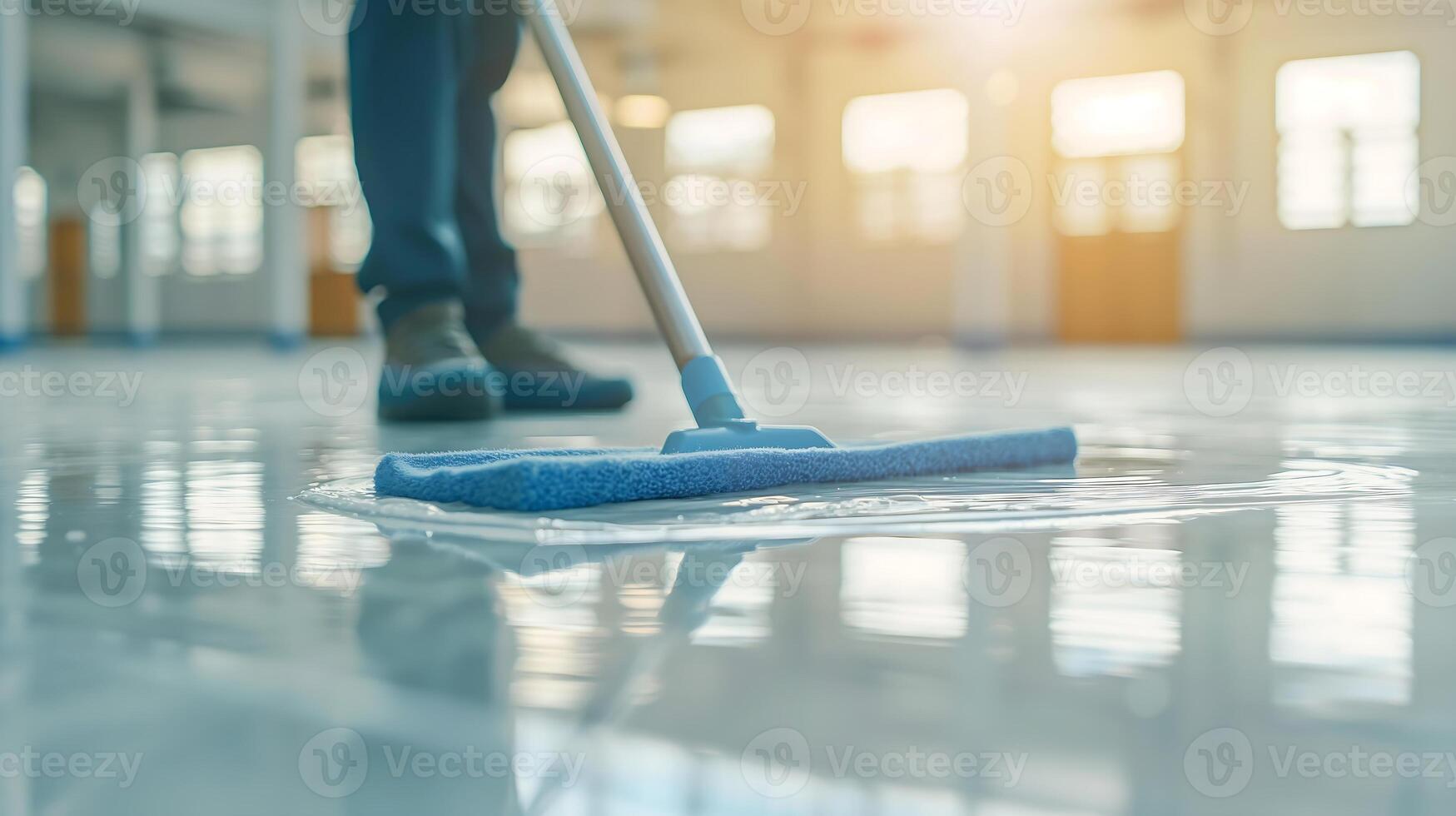 cleaning the floor using a mop and cleanser foam photo