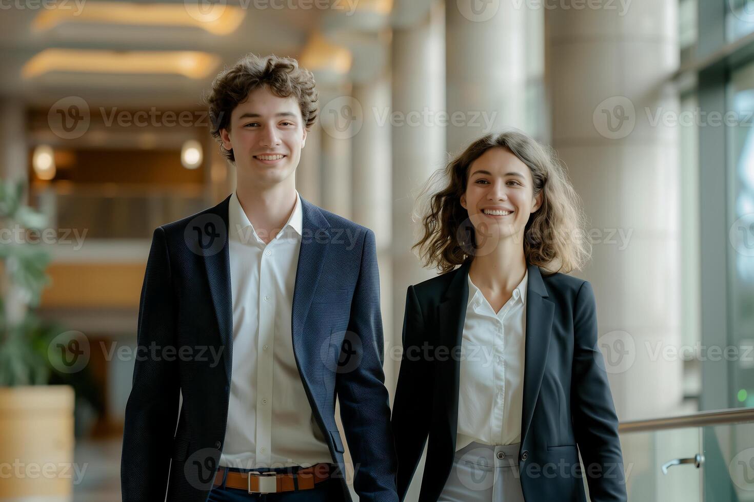 young businessman and a modern businesswoman walk side by side in an elegant hallway within a modern office building photo