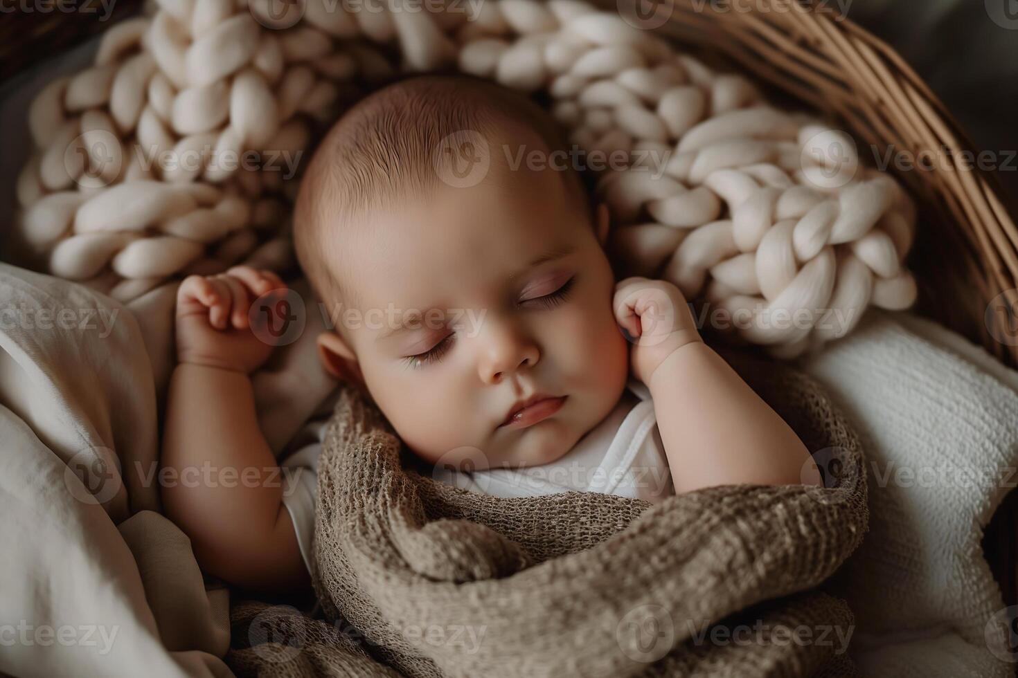 adorable sleeping baby lies in its cozy basket photo