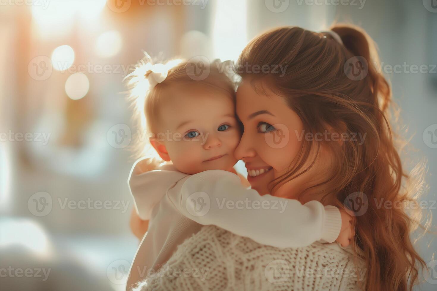 Mother embraces baby tenderly with a cheerful expression on her face, against the blurred background of a bright modern bedroom photo