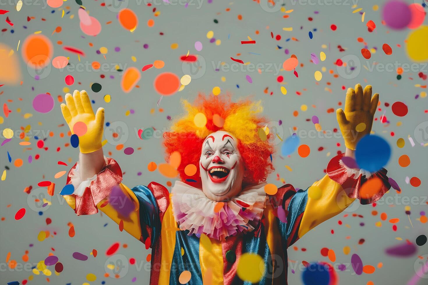 clown wearing colorful and funny clothes laughing cheerfully while waving both hands joyfully photo