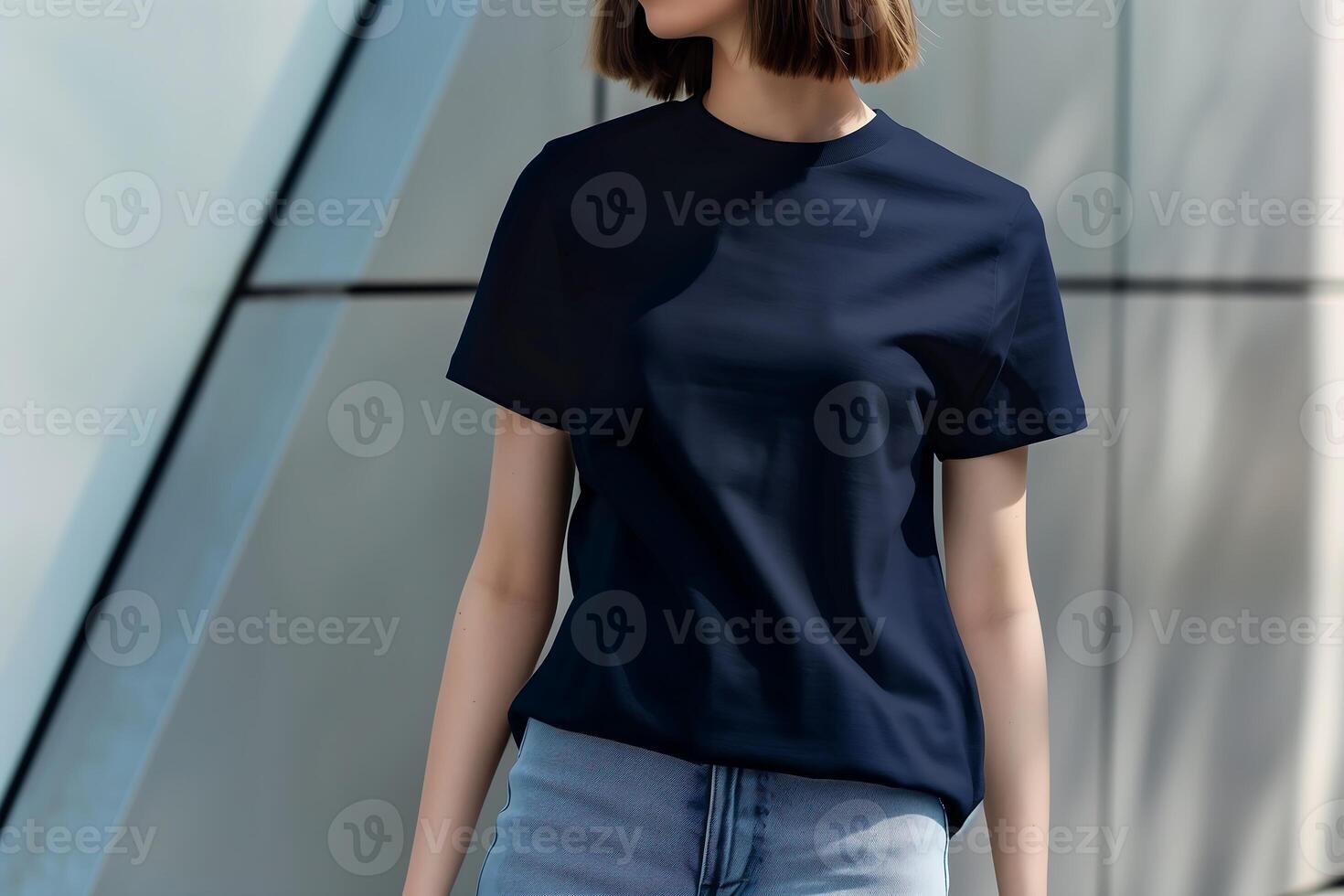 female model wearing a navy blue crewneck blank mockup t-shirt with short sleeves at the art museum photo