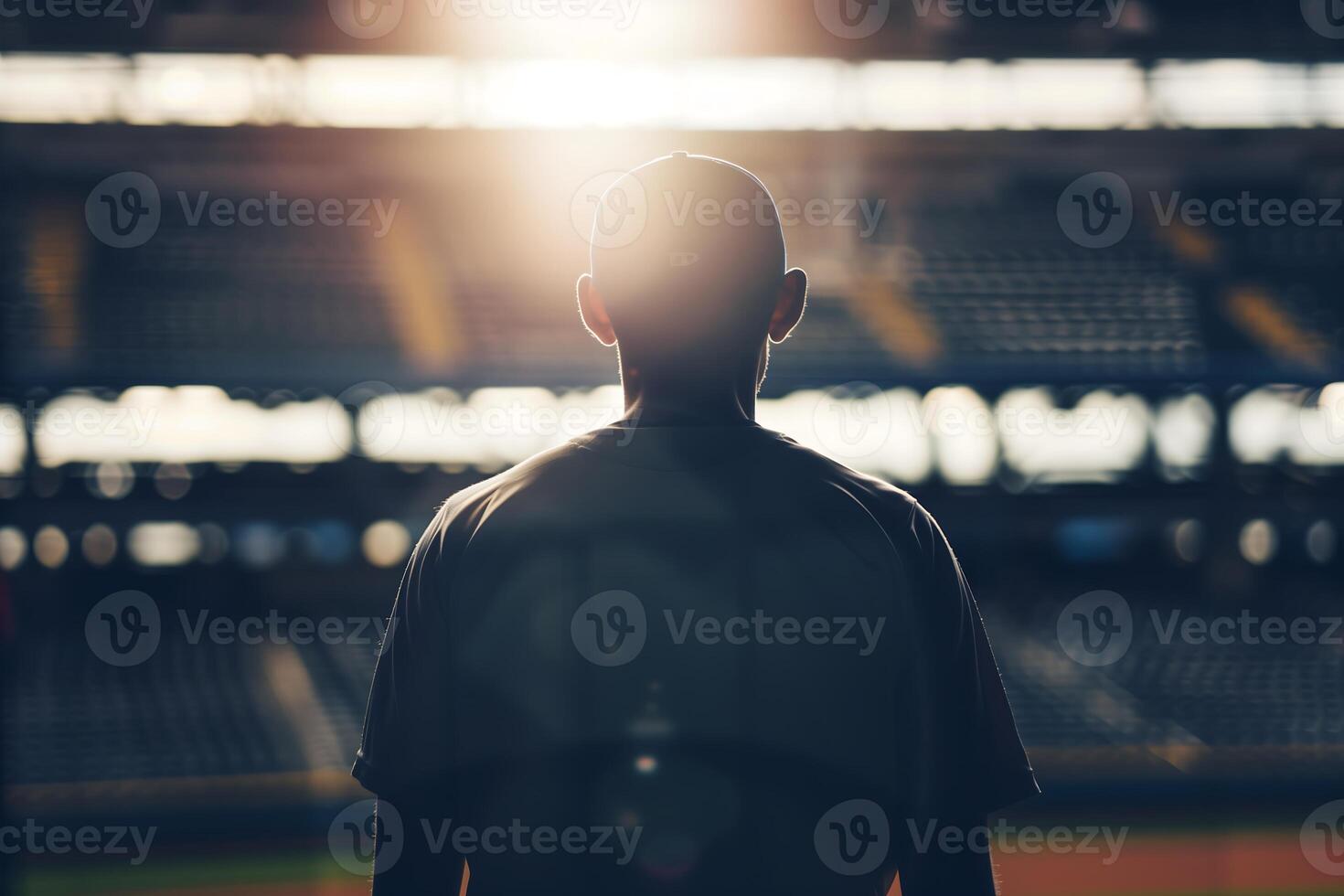 back view baseball player standing in the middle of baseball arena stadium photo