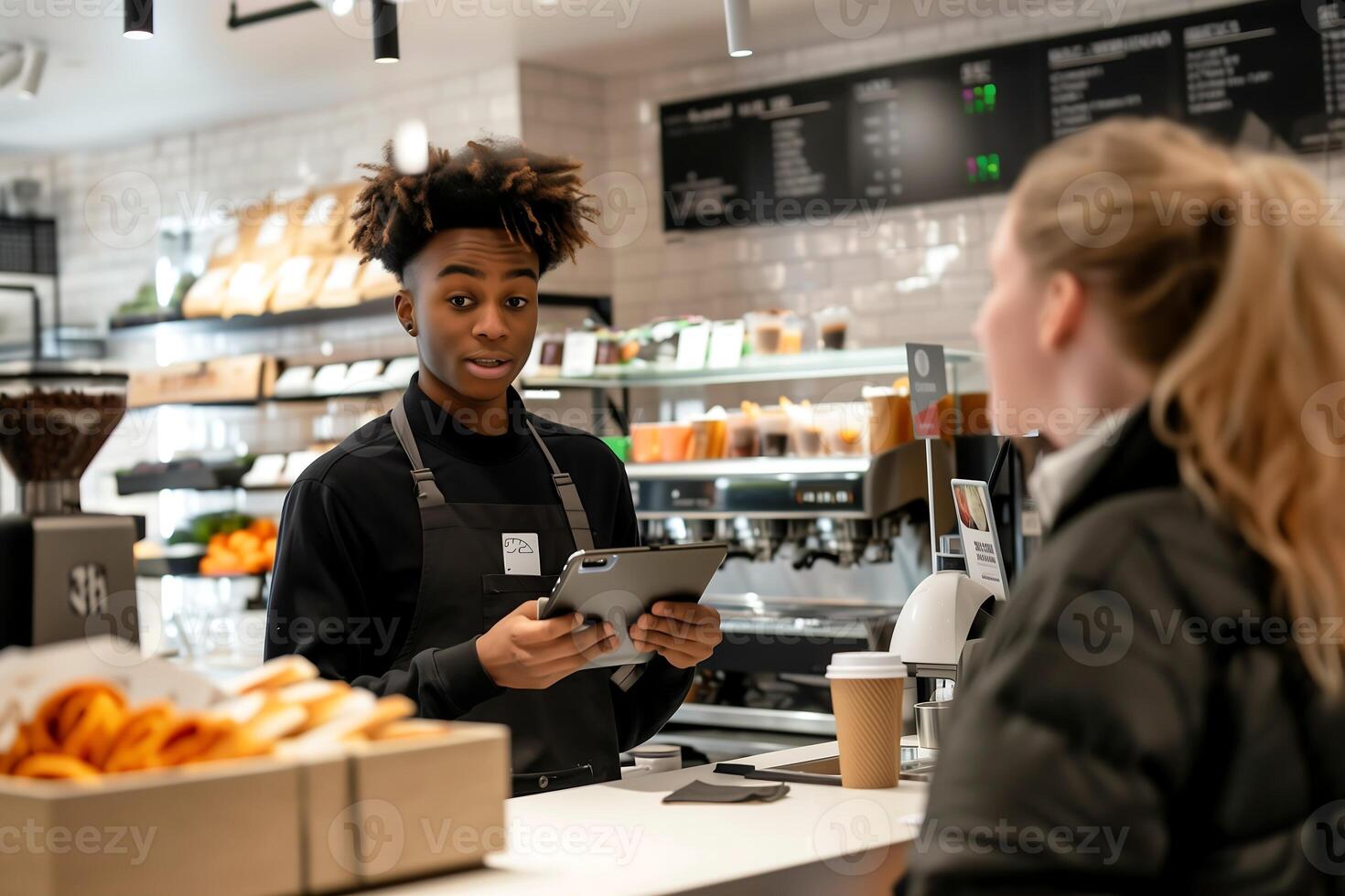 black man in a coffee shop stands behind the cashier counter speaking with a customer holding a tablet photo