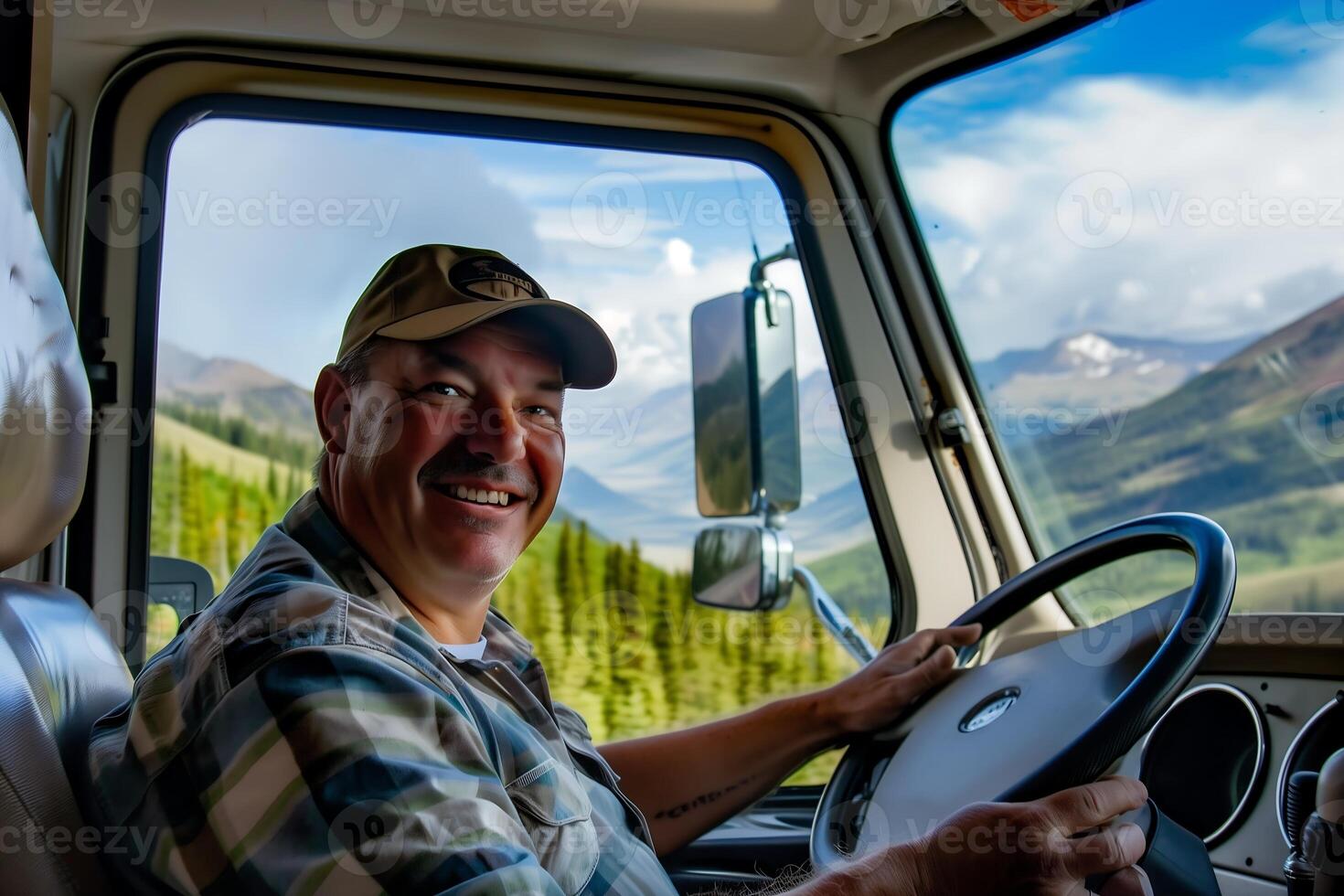 middle aged man is driving a truck smiling at the camera photo