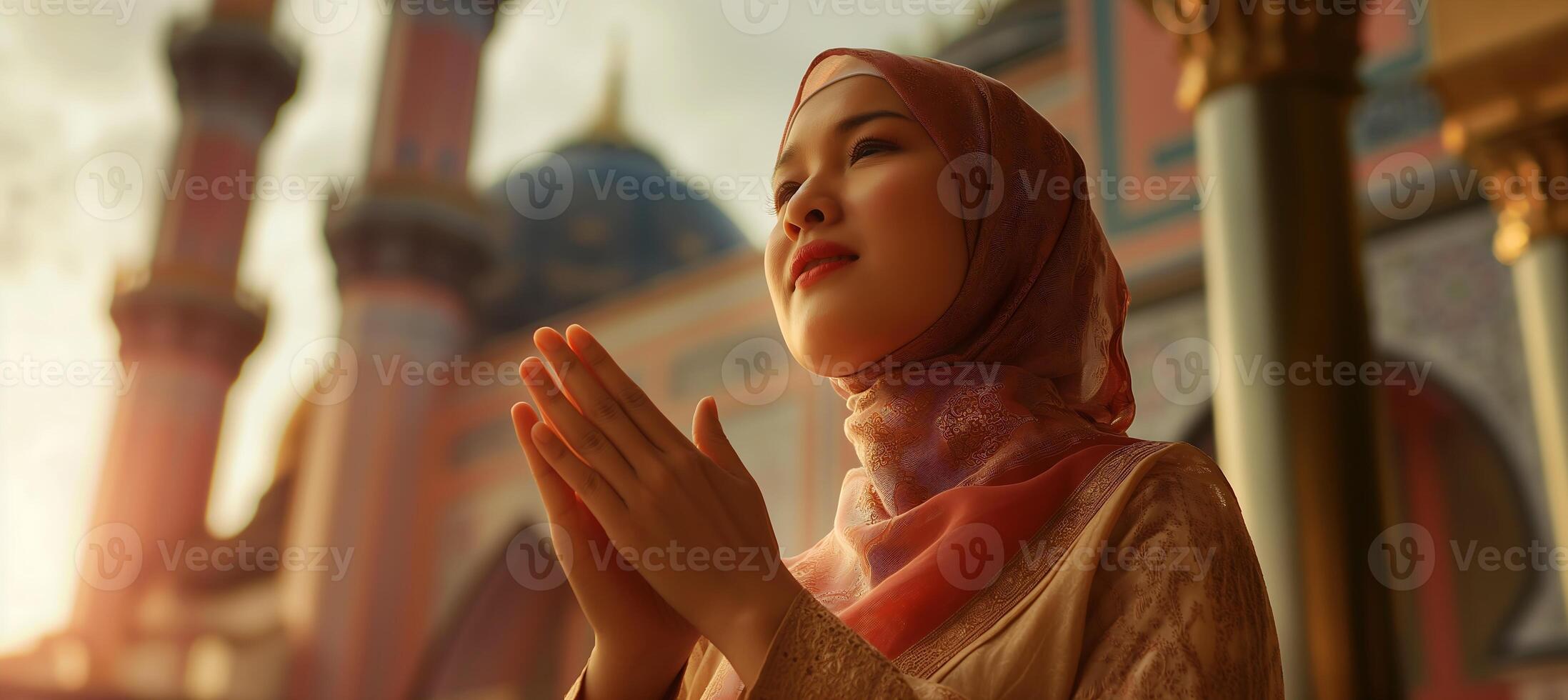 Asian woman stands upright outside a mosque, raising both of her hands in earnest prayer photo